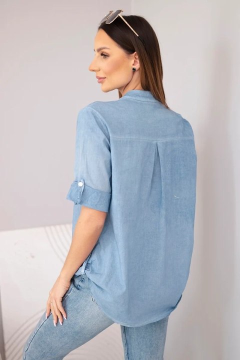 Bluzka damska koszulowa bawełniana z krótkim rękawem i kieszonką jeansowa
