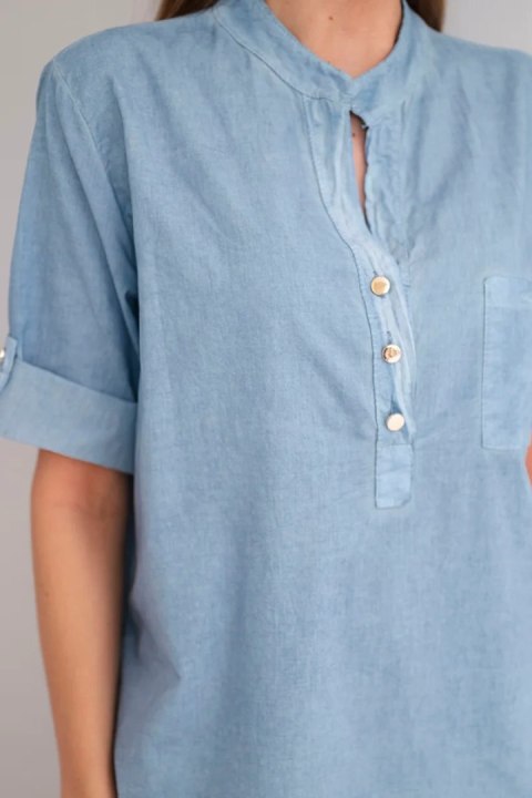 Bluzka damska koszulowa bawełniana z krótkim rękawem i kieszonką jeansowa