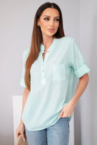 Bluzka damska koszulowa bawełniana z krótkim rękawem i kieszonką miętowa