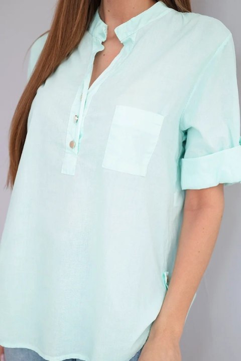 Bluzka damska koszulowa bawełniana z krótkim rękawem i kieszonką miętowa