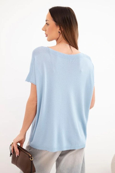 Bluzka damska wiskozowa oversize z krótkim rękawem i okrągłym dekoltem niebieska