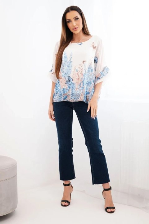 Bluzka damska z plisowanym rękawem i nadrukiem niebieska