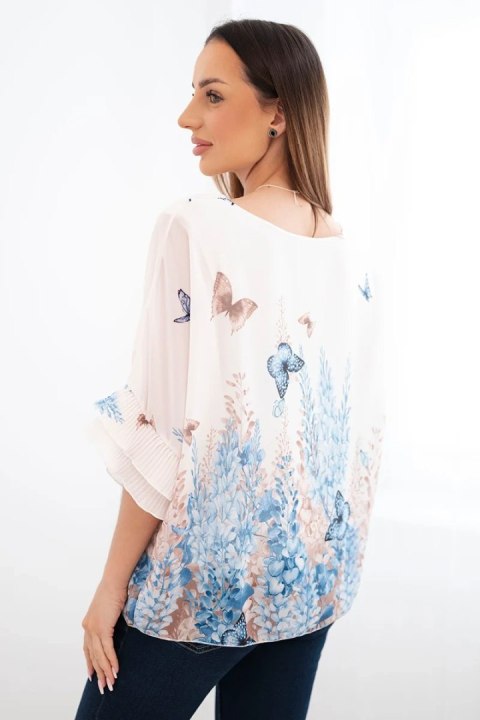 Bluzka damska z plisowanym rękawem i nadrukiem niebieska