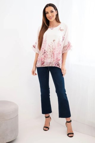 Bluzka damska z plisowanym rękawem i nadrukiem różowa