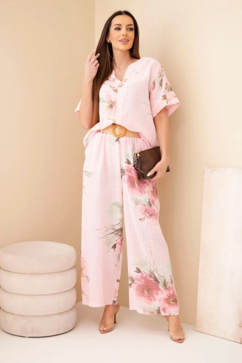 Komplet damski bawełniany z krótkim rękawem i szeroką nogawką cukierkowy róż