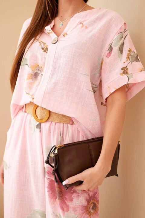 Komplet damski bawełniany z krótkim rękawem i szeroką nogawką cukierkowy róż