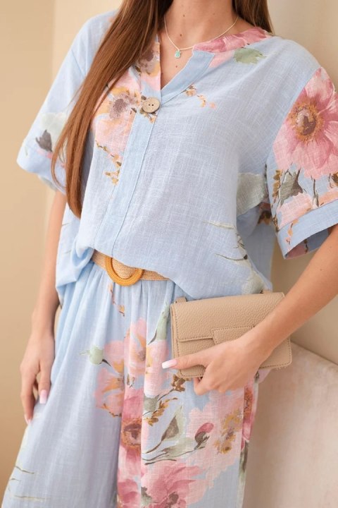 Komplet damski bawełniany z krótkim rękawem i szeroką nogawką niebieski