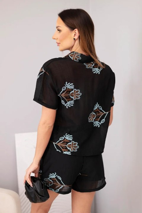 Komplet damski koszula z krótkim rękawem i spódnico-spodenki haftowane czarny
