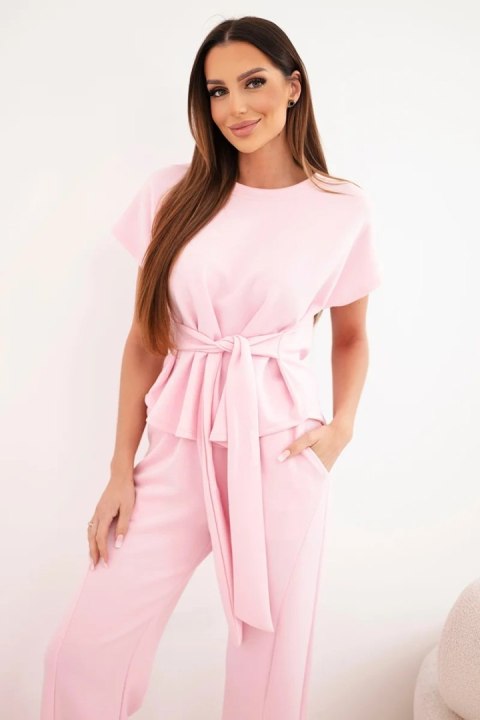 Komplet damski masełko z bluzką z krótkim rękawem i spodniami szeroka nogawka cukierkowy róż