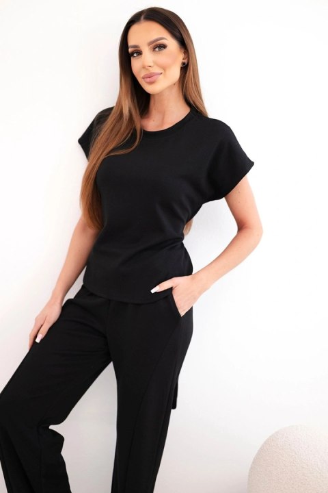 Komplet damski masełko z bluzką z krótkim rękawem i spodniami szeroka nogawka czarny