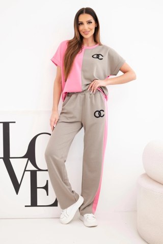 Komplet damski masełkowy z bluzą oversize i szerokimi spodniami różowy + fango