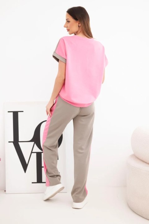 Komplet damski masełkowy z bluzą oversize i szerokimi spodniami różowy + fango