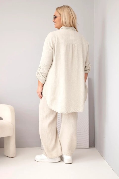 Komplet damski muślinowy Plus Size z koszulą zapinaną na guziki i spodniami z szeroką nogawką beżowy