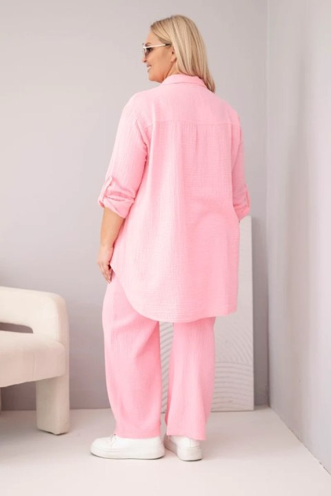 Komplet damski muślinowy Plus Size z koszulą zapinaną na guziki i spodniami z szeroką nogawką cukierkowy róż