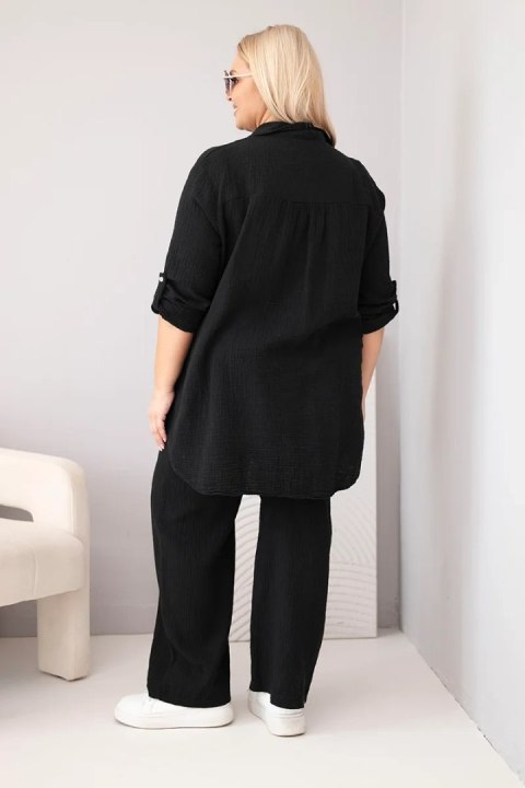 Komplet damski muślinowy Plus Size z koszulą zapinaną na guziki i spodniami z szeroką nogawką czarny