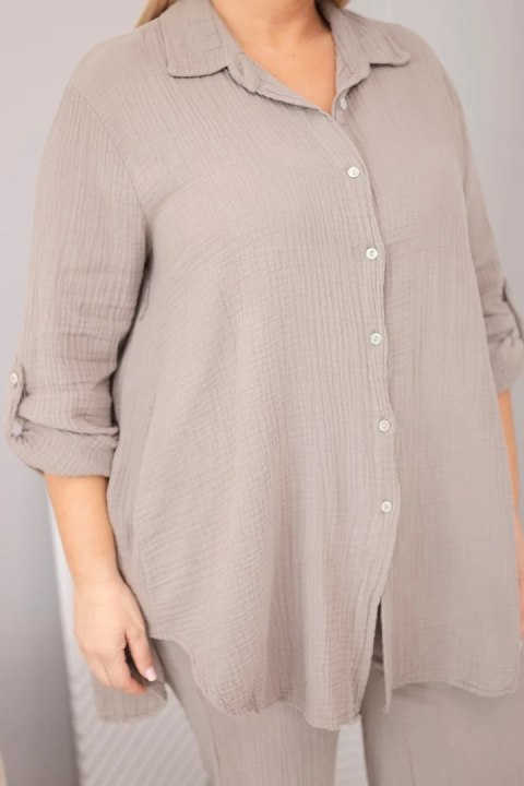 Komplet damski muślinowy Plus Size z koszulą zapinaną na guziki i spodniami z szeroką nogawką fango