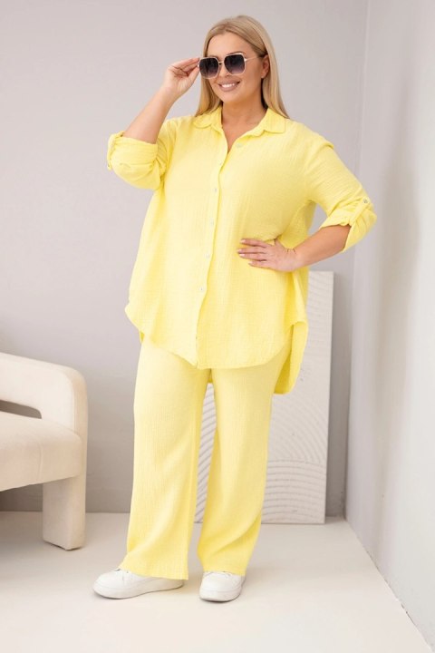 Komplet damski muślinowy Plus Size z koszulą zapinaną na guziki i spodniami z szeroką nogawką żółty