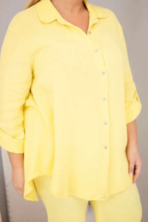 Komplet damski muślinowy Plus Size z koszulą zapinaną na guziki i spodniami z szeroką nogawką żółty