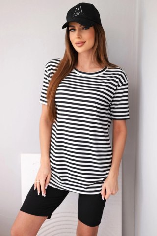 Komplet damski wiskozowy w paski z krótkim rękawem i spodenkami czarny