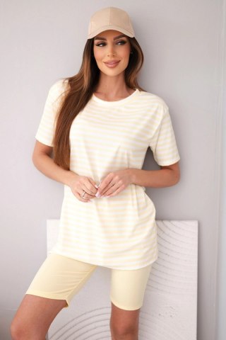 Komplet damski wiskozowy w paski z krótkim rękawem i spodenkami żółty