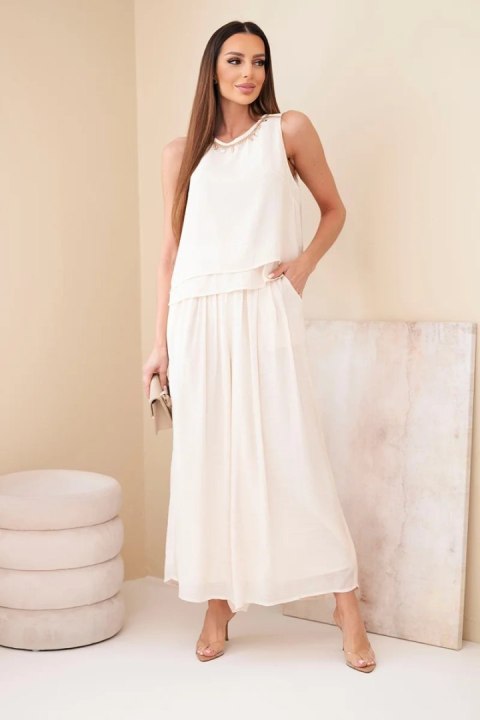 Komplet damski z wiskozą z topem bez rękawów i spodniami szeroka nogawka z ozdobnym wykończeniem beżowy