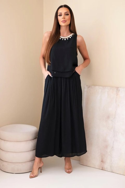 Komplet damski z wiskozą z topem bez rękawów i spodniami szeroka nogawka z ozdobnym wykończeniem czarny