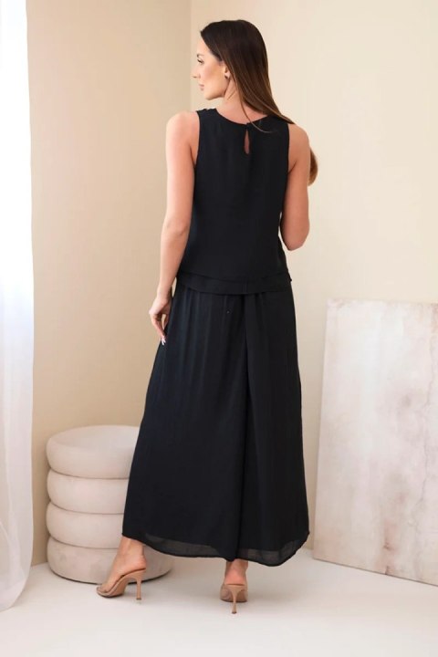 Komplet damski z wiskozą z topem bez rękawów i spodniami szeroka nogawka z ozdobnym wykończeniem czarny