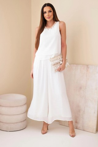 Komplet damski z wiskozą z topem bez rękawów i spodniami szeroka nogawka z ozdobnym wykończeniem ecru