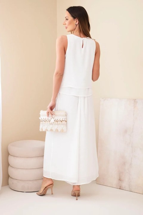 Komplet damski z wiskozą z topem bez rękawów i spodniami szeroka nogawka z ozdobnym wykończeniem ecru