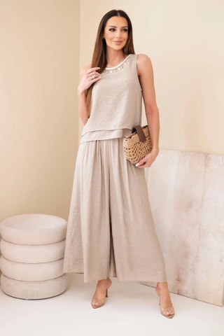 Komplet damski z wiskozą z topem bez rękawów i spodniami szeroka nogawka z ozdobnym wykończeniem fango