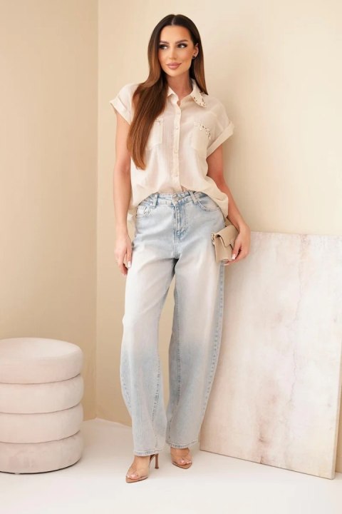 Koszula damska z tencelu z ozdobnym kołnierzykiem i kieszeniami ciemno beżowa