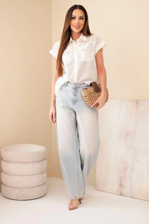 Koszula damska z tencelu z ozdobnym kołnierzykiem i kieszeniami jasno beżowa