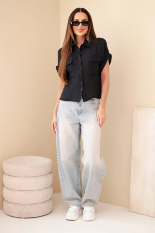 Koszula damska z wiskozy z krótkim rękawem i kieszeniami czarna