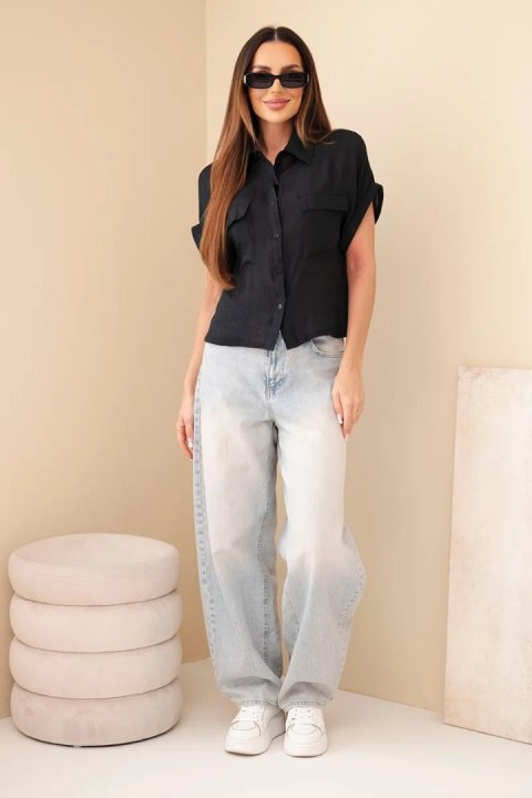 Koszula damska z wiskozy z krótkim rękawem i kieszeniami czarna