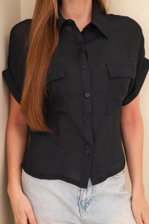 Koszula damska z wiskozy z krótkim rękawem i kieszeniami czarna