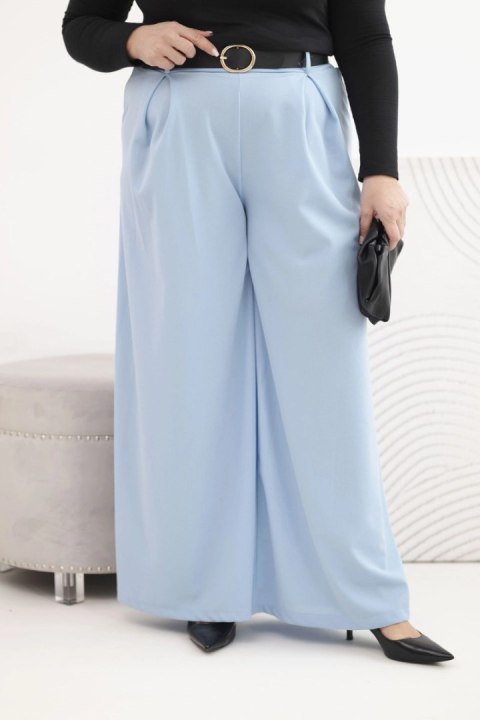 Spodnie damskie Plus Size z szeroką nogawką i paskiem niebieskie