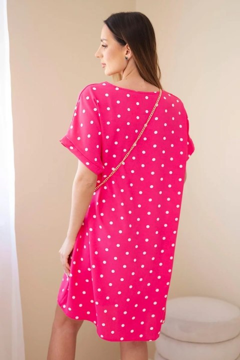 Sukienka damska w grochy z krótkim rękawem i torebką fuksja