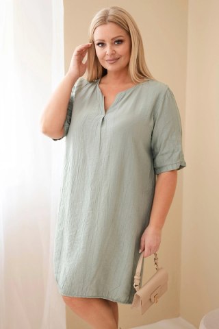 Sukienka damska wiskozowa Plus Size z krótkim rękawem i dekoltem V khaki