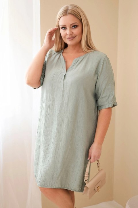 Sukienka damska wiskozowa Plus Size z krótkim rękawem i dekoltem V khaki