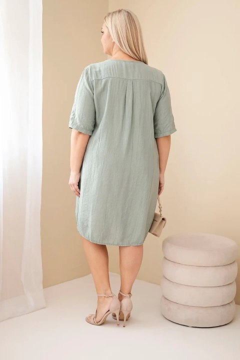Sukienka damska wiskozowa Plus Size z krótkim rękawem i dekoltem V khaki
