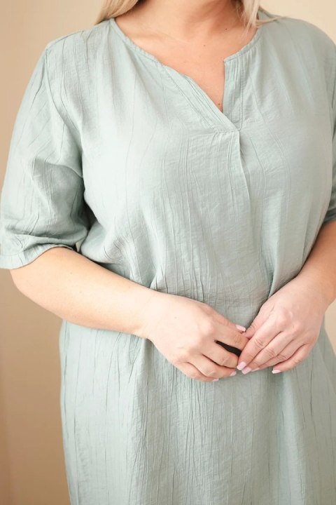 Sukienka damska wiskozowa Plus Size z krótkim rękawem i dekoltem V khaki