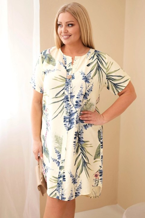 Sukienka damska wiskozowa Plus Size z krótkim rękawem i dekoltem na guziki żółta