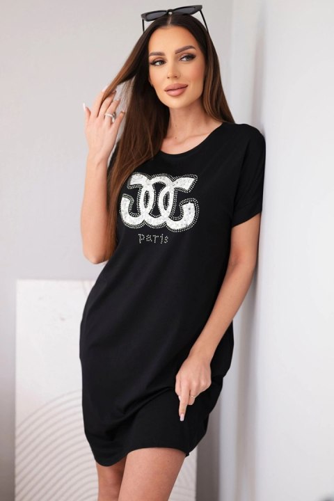 Sukienka damska wiskozowa z krótkim rękawem i ozdobnym nadrukiem czarna