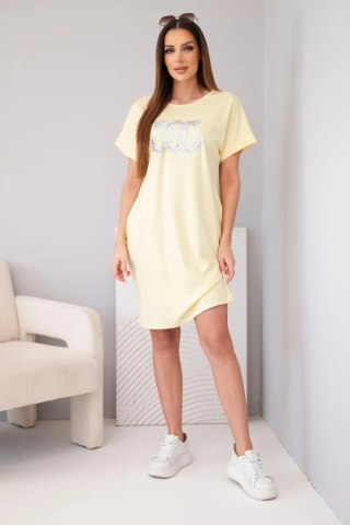 Sukienka damska wiskozowa z krótkim rękawem i ozdobnym nadrukiem żółta