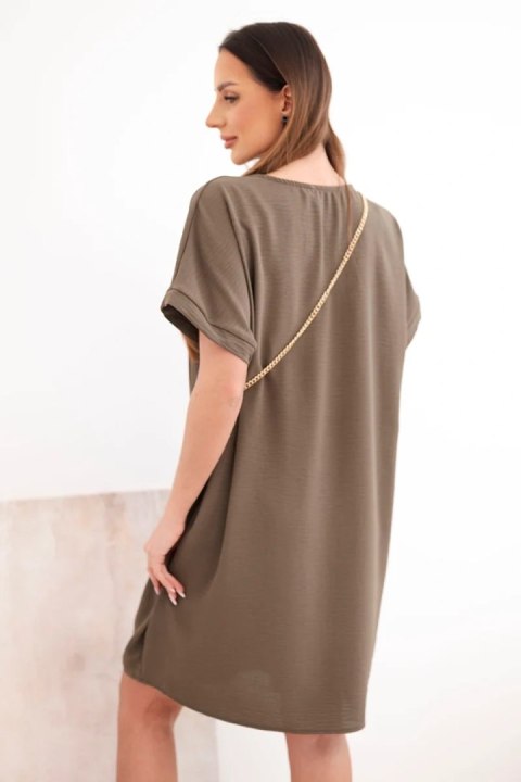 Sukienka damska z krótkim rękawem i torebką na łańcuszku brązowa