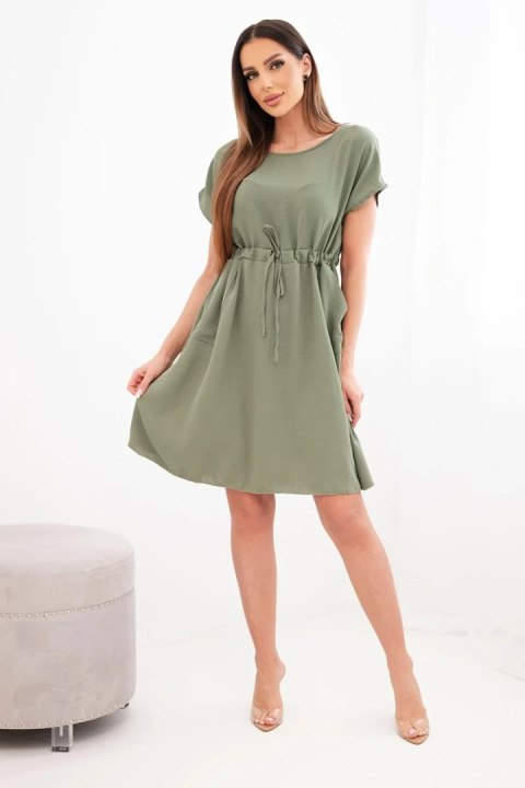 Sukienka damska z krótkim rękawem i wiązaniem w pasie khaki