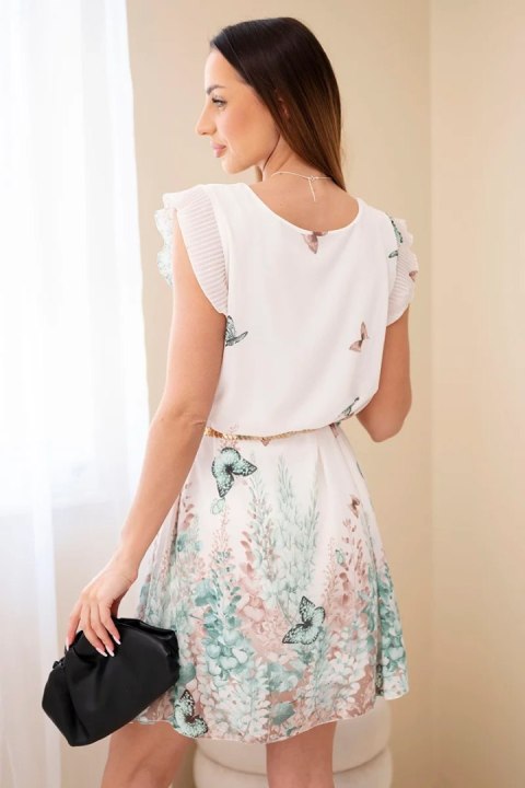 Sukienka damska z plisowanym rękawem i ozdobnym paskiem miętowa