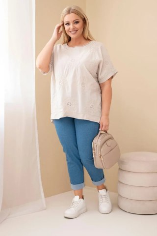 Bluzka damska bawełniana Plus Size z haftowanymi kwiatami beżowa