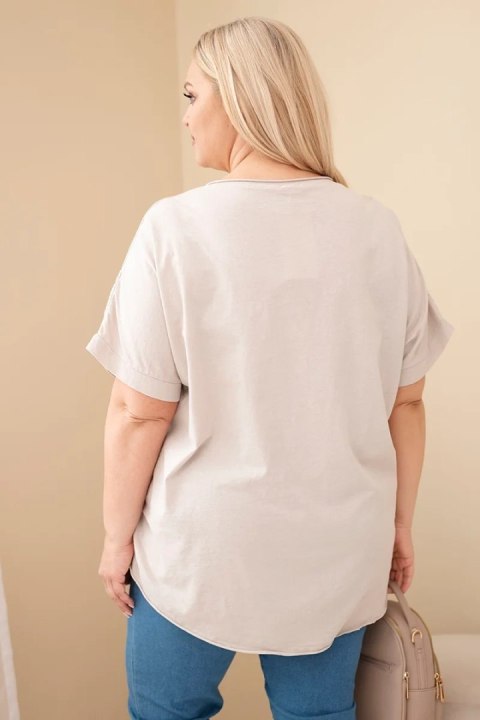 Bluzka damska bawełniana Plus Size z haftowanymi kwiatami beżowa