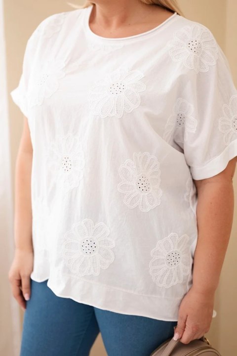Bluzka damska bawełniana Plus Size z haftowanymi kwiatami biała